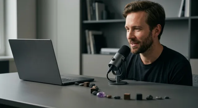 Man recording a video review at his desk