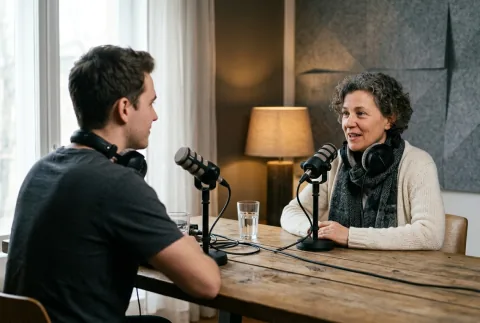 Two people recording a podcast interview