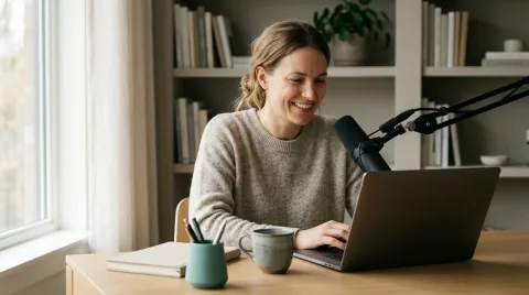 Host presenting a webinar from a laptop