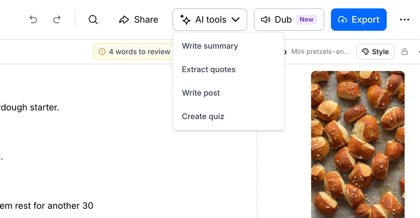 AI tools menu with Write summary