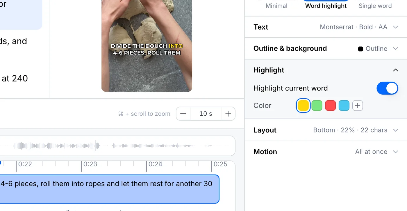 Word highlight preset with the current word coloured on the video