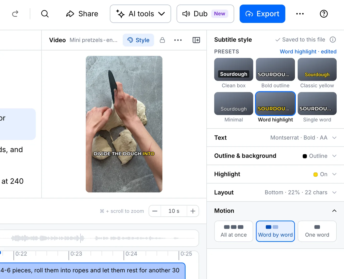 Motion settings for captions: all at once, word by word, one word