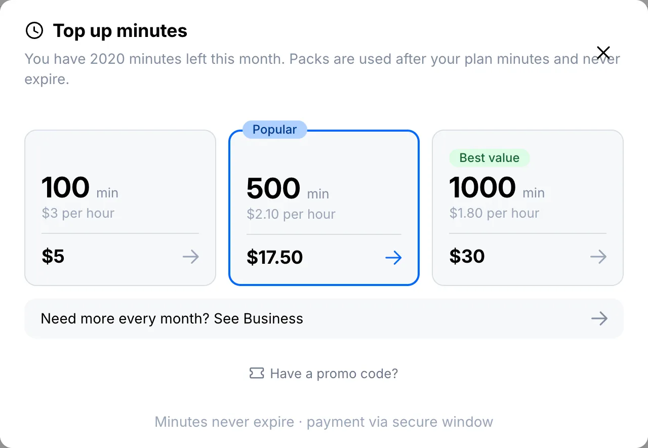 Top up minutes window with 100, 500 and 1,000 minute packs