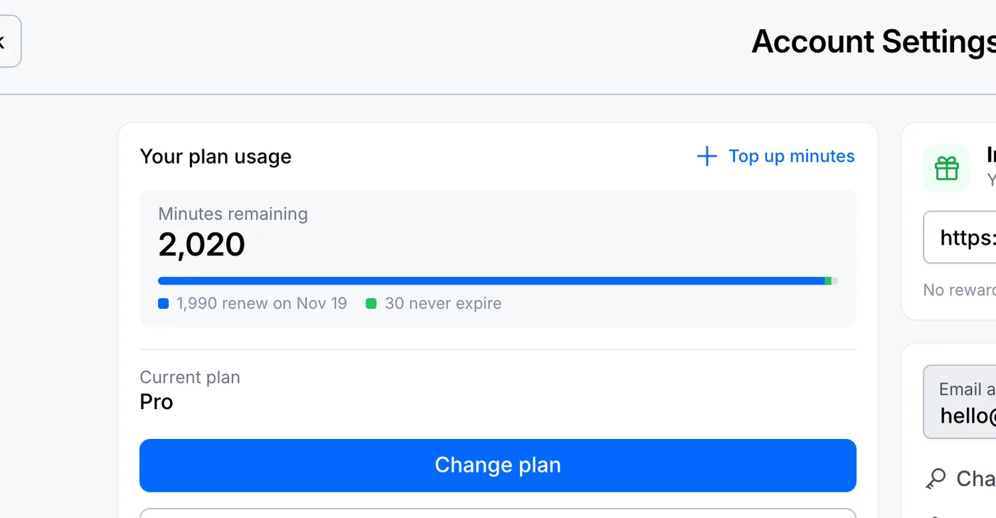 Account settings with remaining minutes and the next renewal
