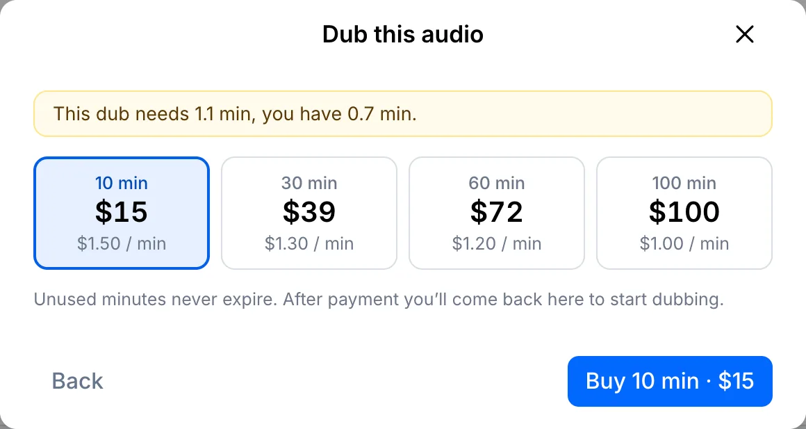 Dubbing minute packs offered in the Dub window