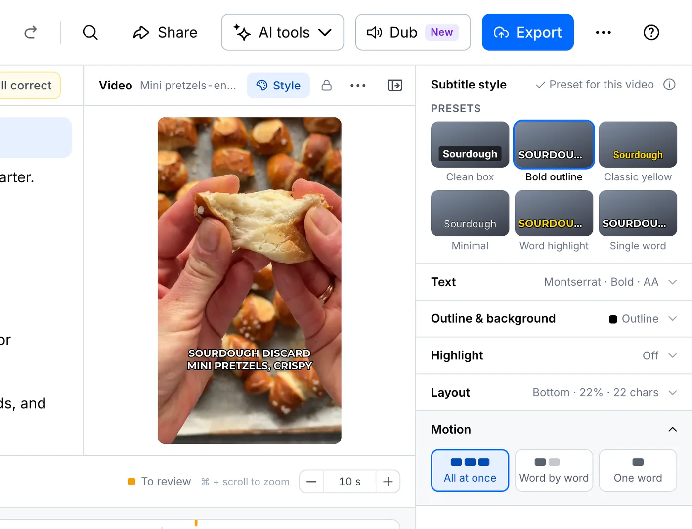 Vertical video with Reels-ready captions and the Style panel open