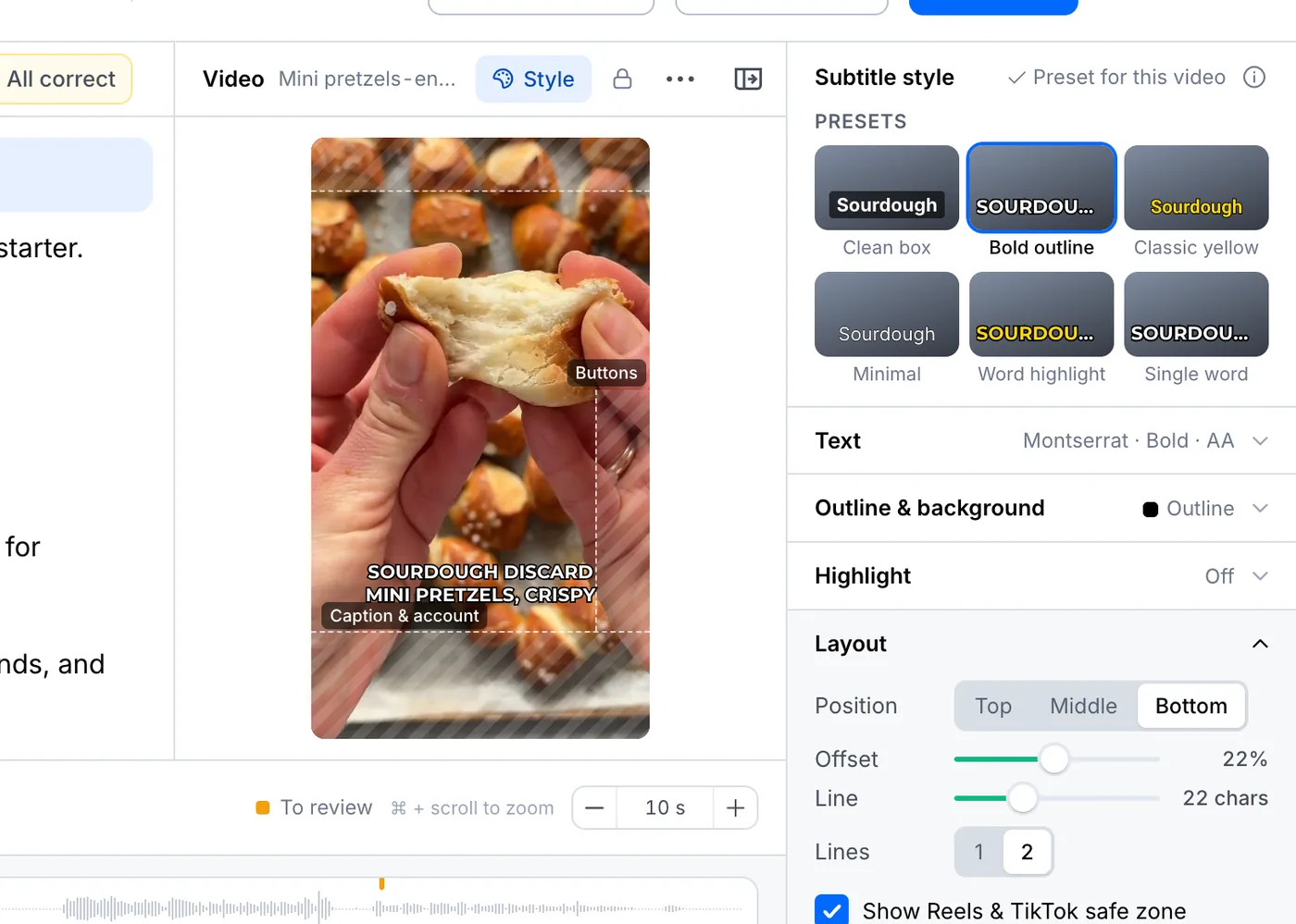 Reels and TikTok safe zone shaded over the vertical video