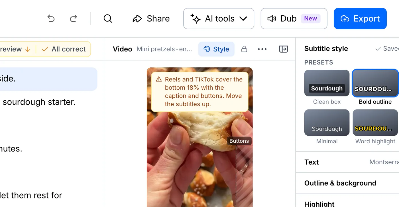 Warning that captions overlap the safe zone, with the Offset slider