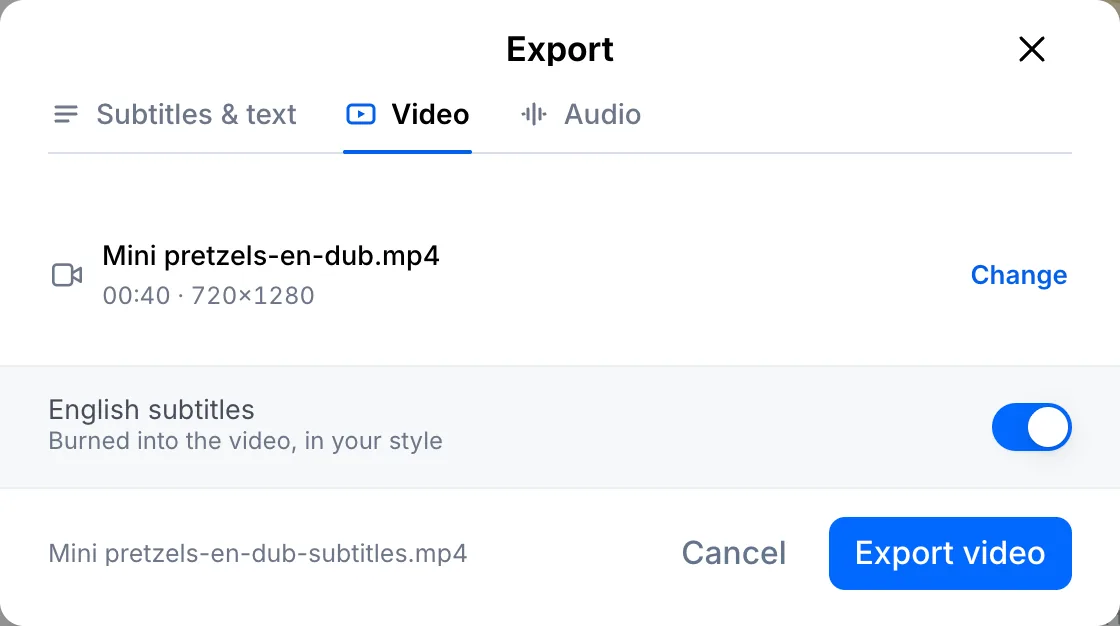 Export window for a vertical video with captions burned in