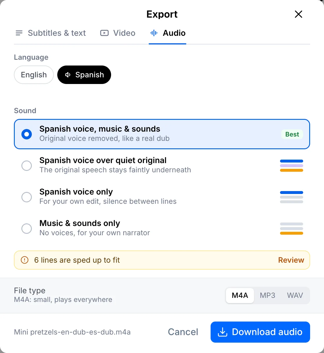 Audio export tab with M4A, MP3 and WAV formats