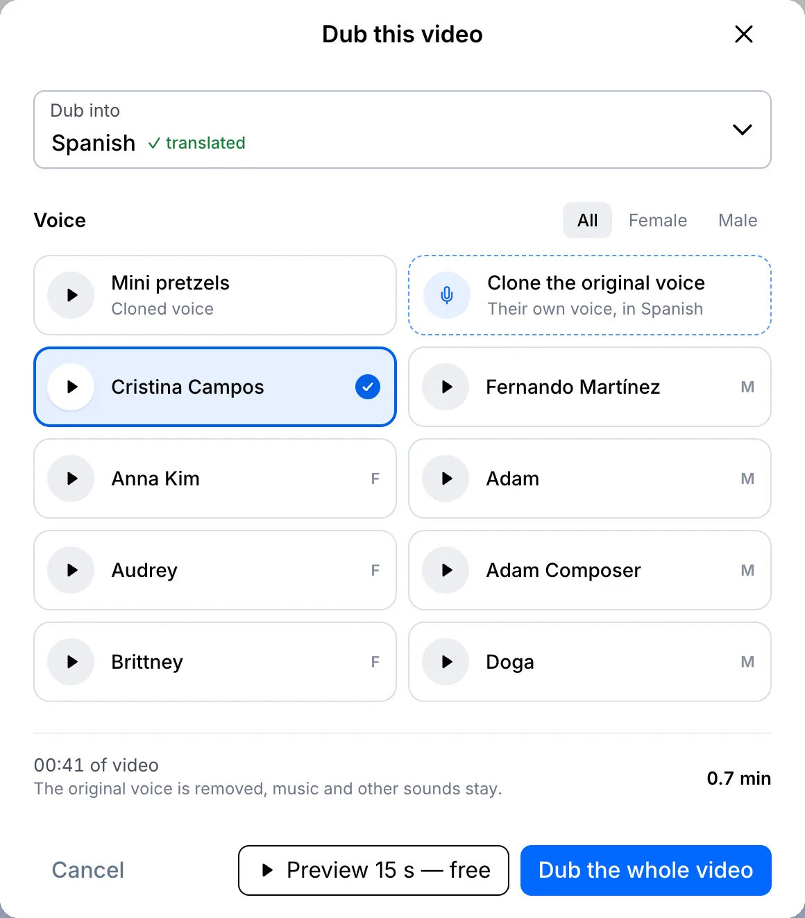 Dub this video window with a language and voices to choose from