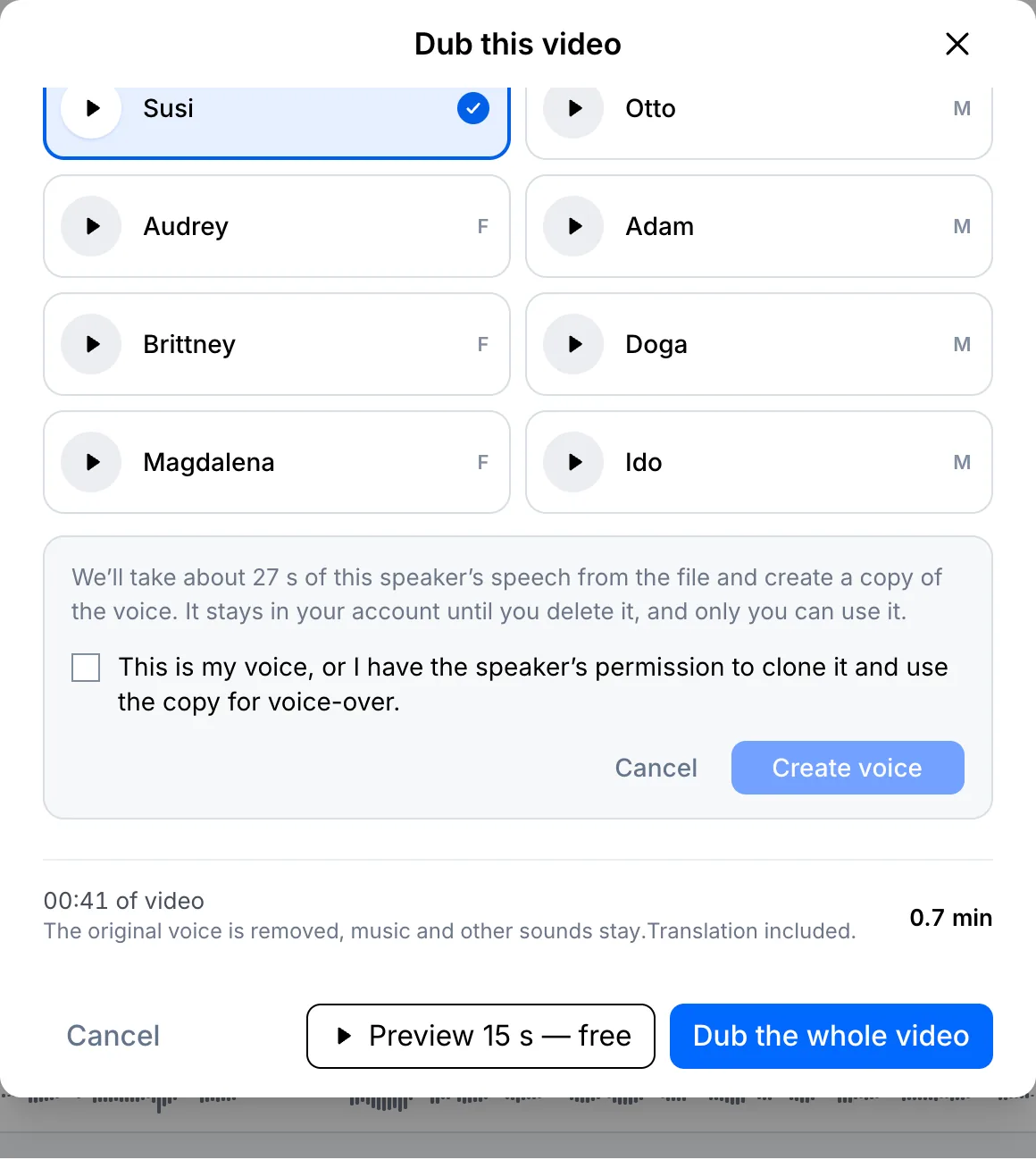 Consent checkbox and Create voice button for voice cloning