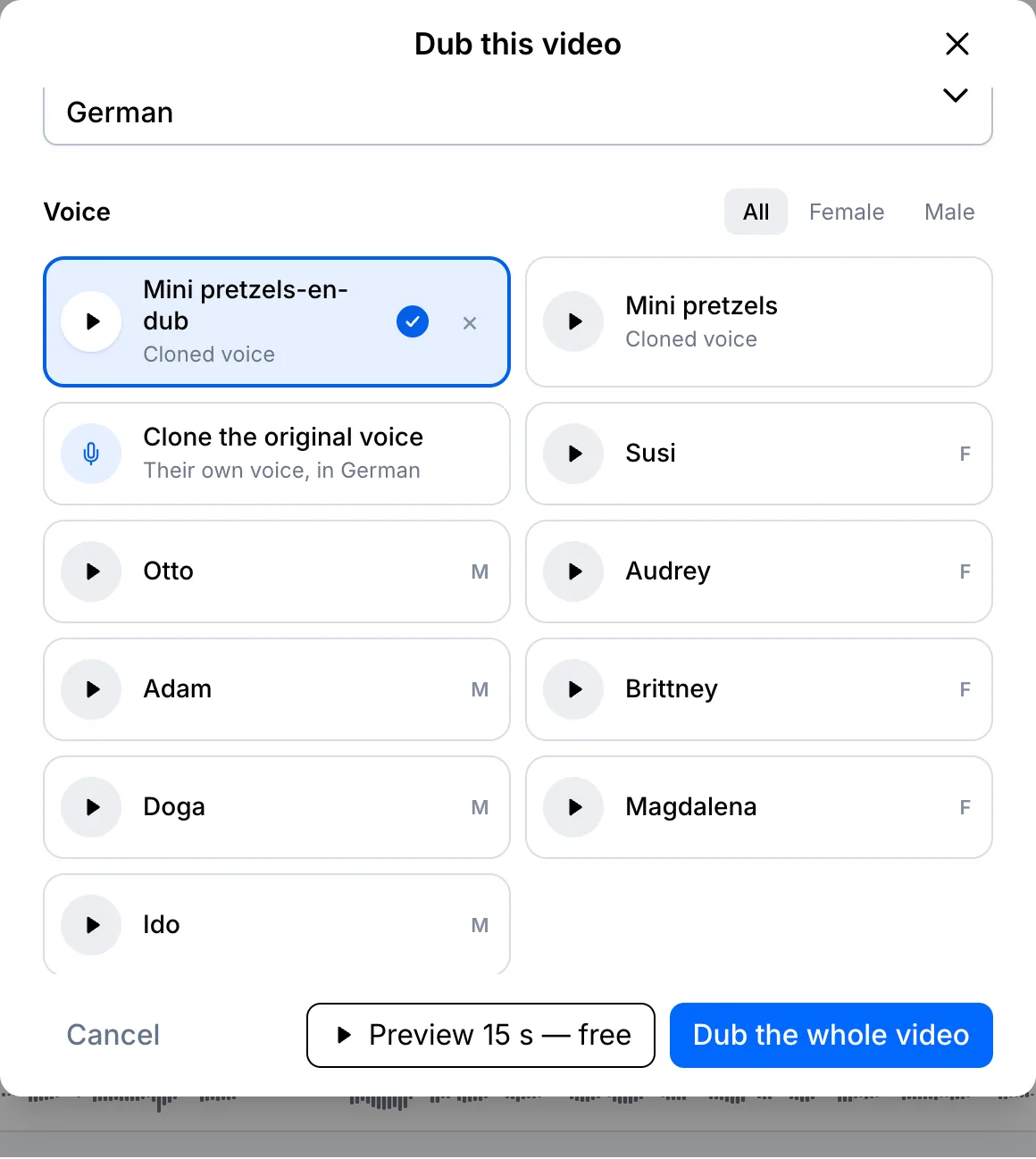 Cloned voice selected at the top of the voice list