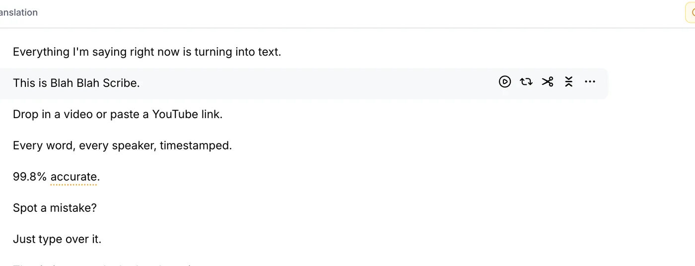 Transcript line on hover with play, loop, split and merge buttons