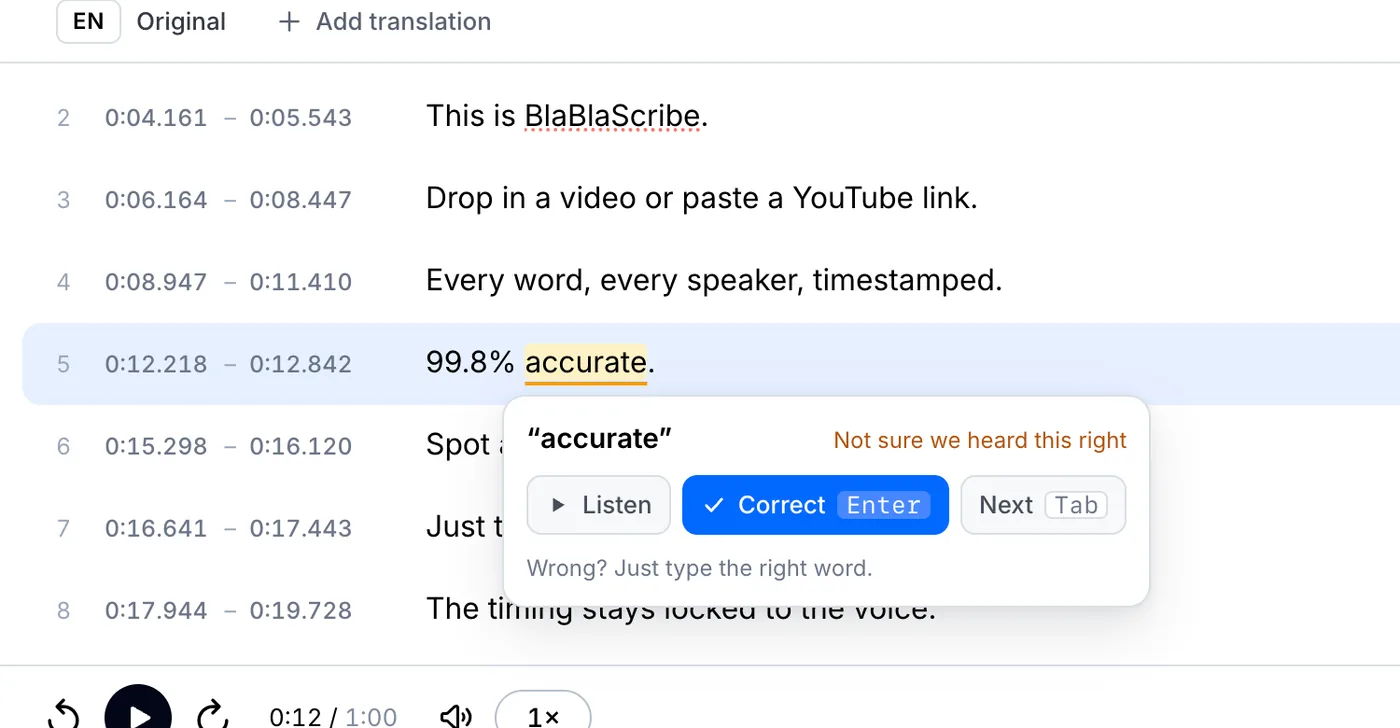 Review card for an uncertain word with Listen, Correct and Next buttons