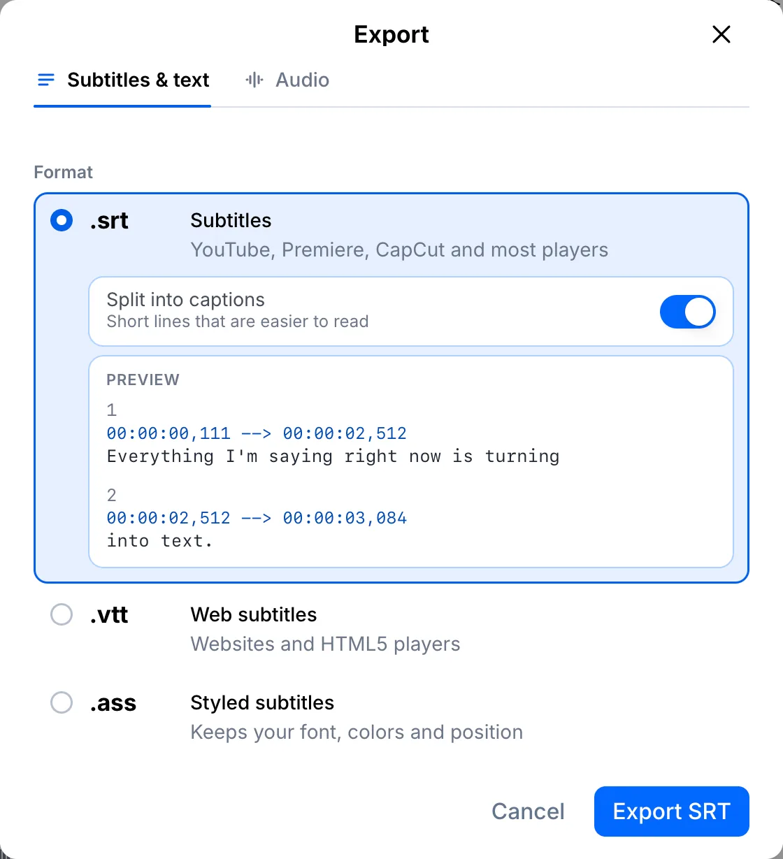 Export window with SRT selected, Split into captions turned on and a live preview