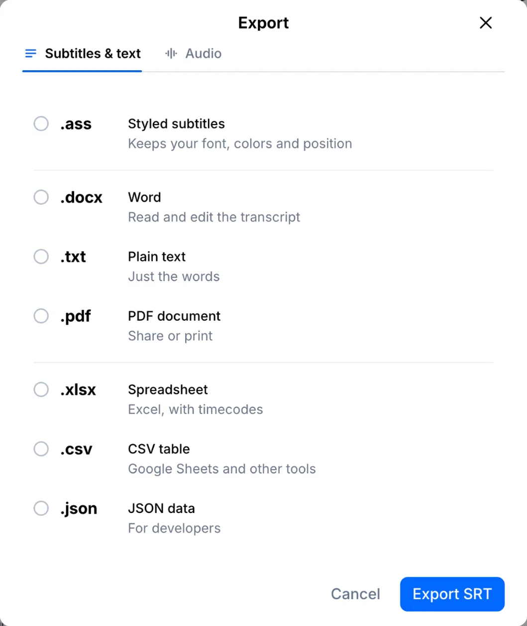 Export format list with Word, TXT, PDF, Excel, CSV and JSON