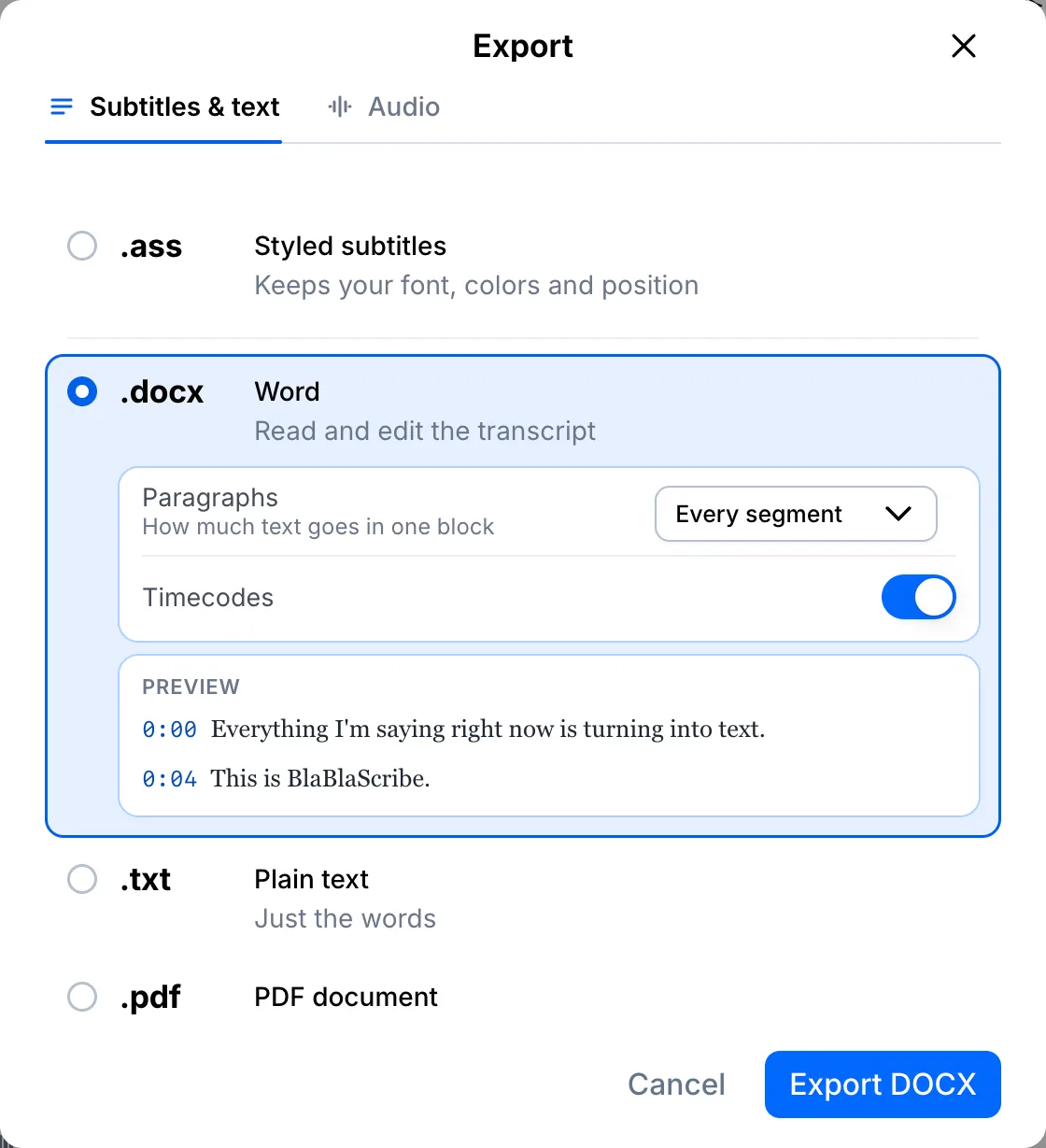Word export settings with paragraph grouping and timecode options