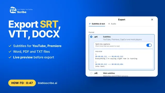 How to export subtitles (SRT, VTT) or a transcript (DOCX, PDF)