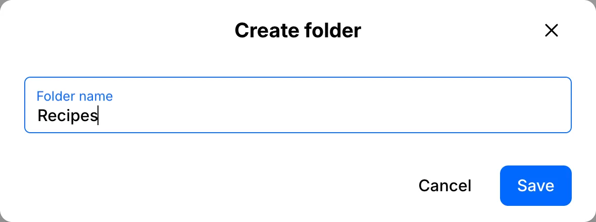 Create folder window with the name Recipes