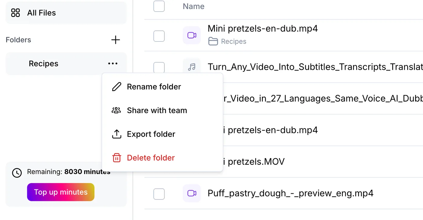 Folder menu with Share with team