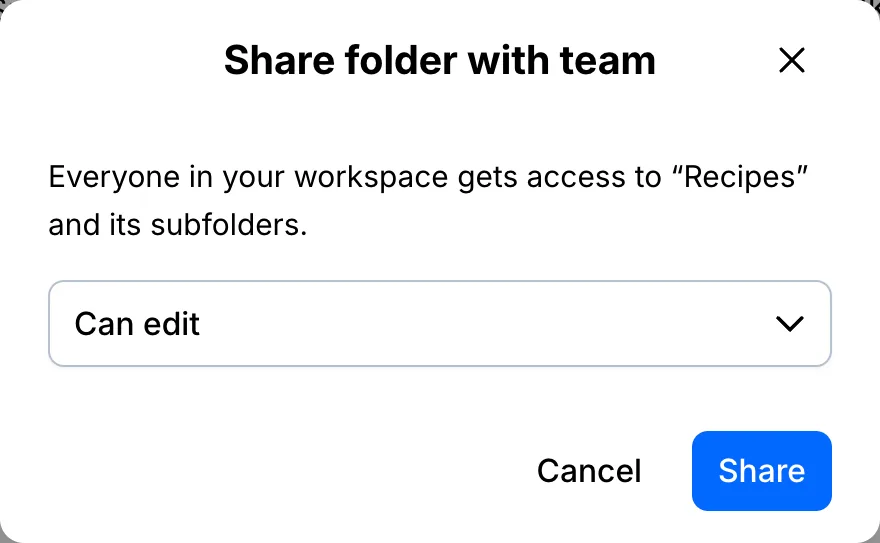 Share folder with team window with Can edit selected