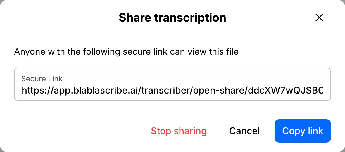 Share transcription window with a secure link and Copy link button