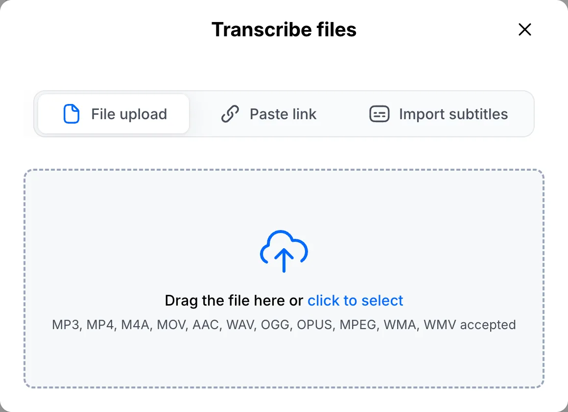 Transcribe files window with a video file added and the audio language set to English