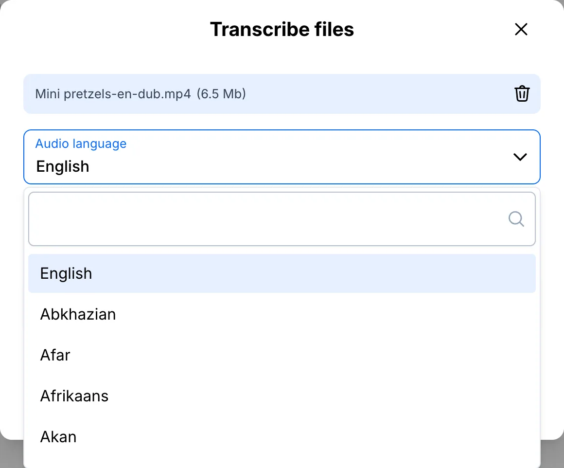 Audio language list open in the Transcribe files window