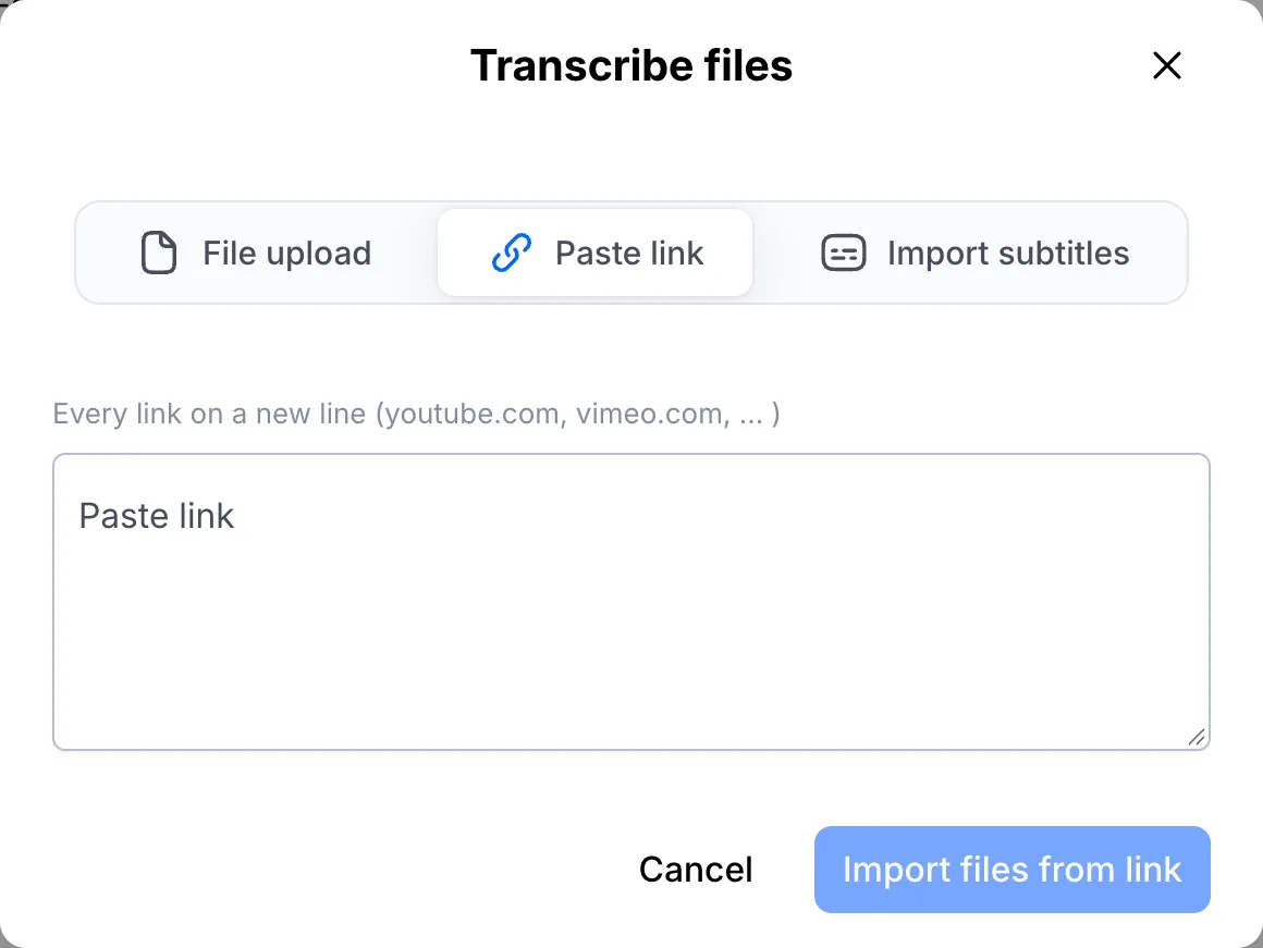 Transcribe files window with the Paste link tab open