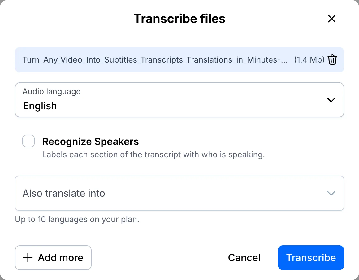 Imported YouTube audio ready to transcribe with the language set to English