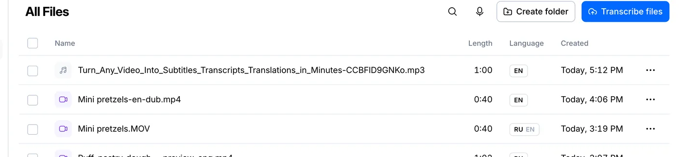 File list showing the YouTube video transcribed in seconds