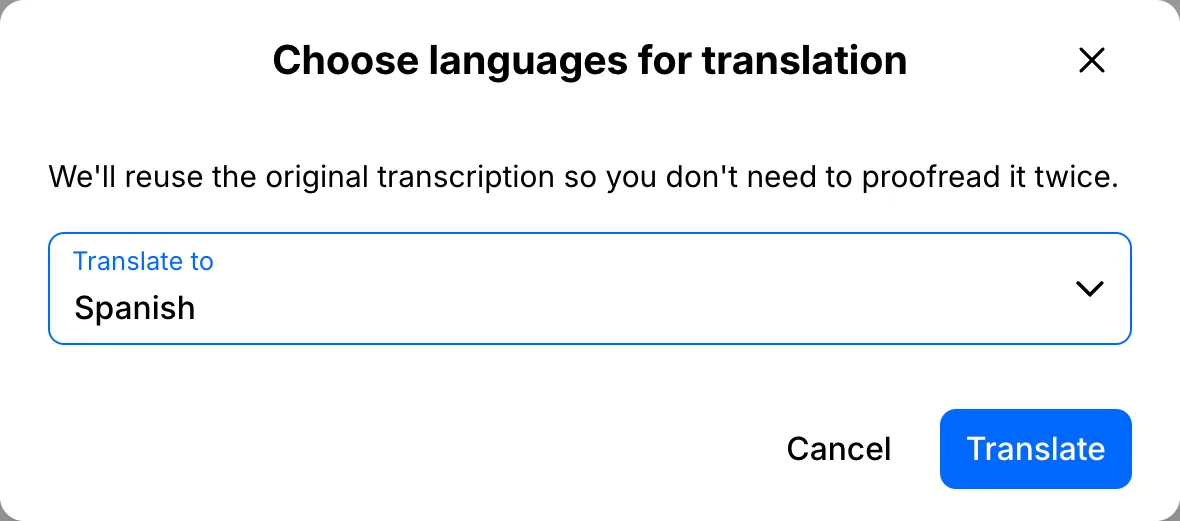 Choose languages for translation window with Spanish selected