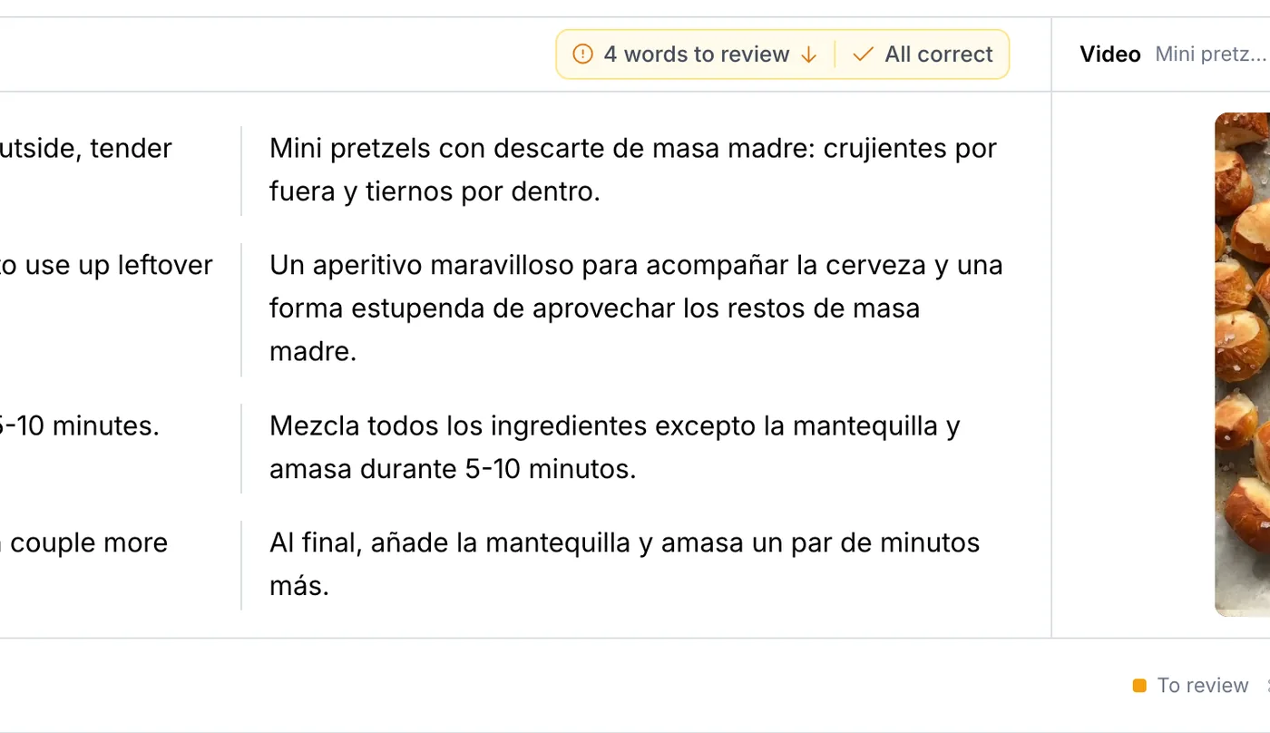 Original English and Spanish translation side by side with the same timestamps