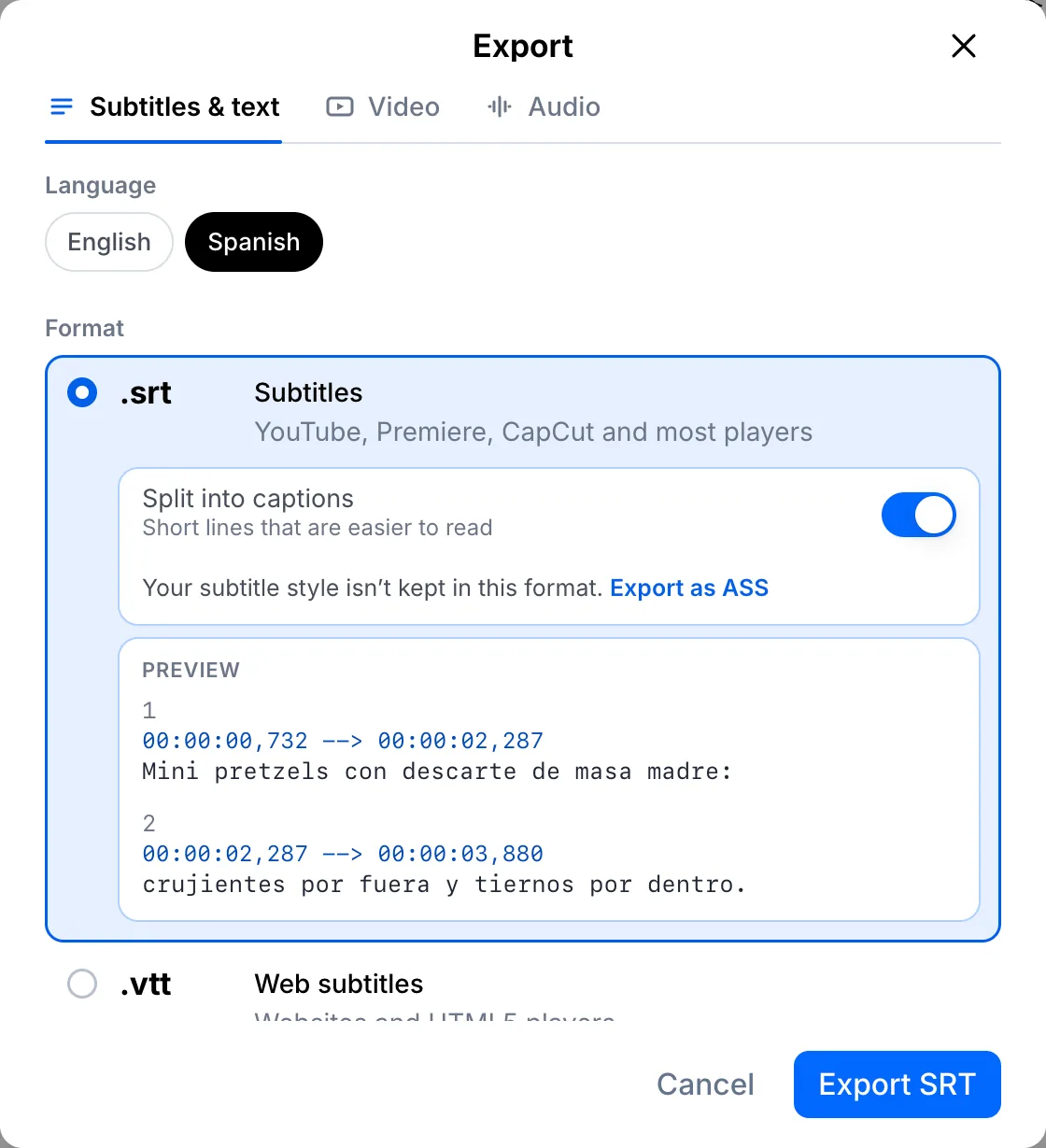 Export window with the Spanish translation selected