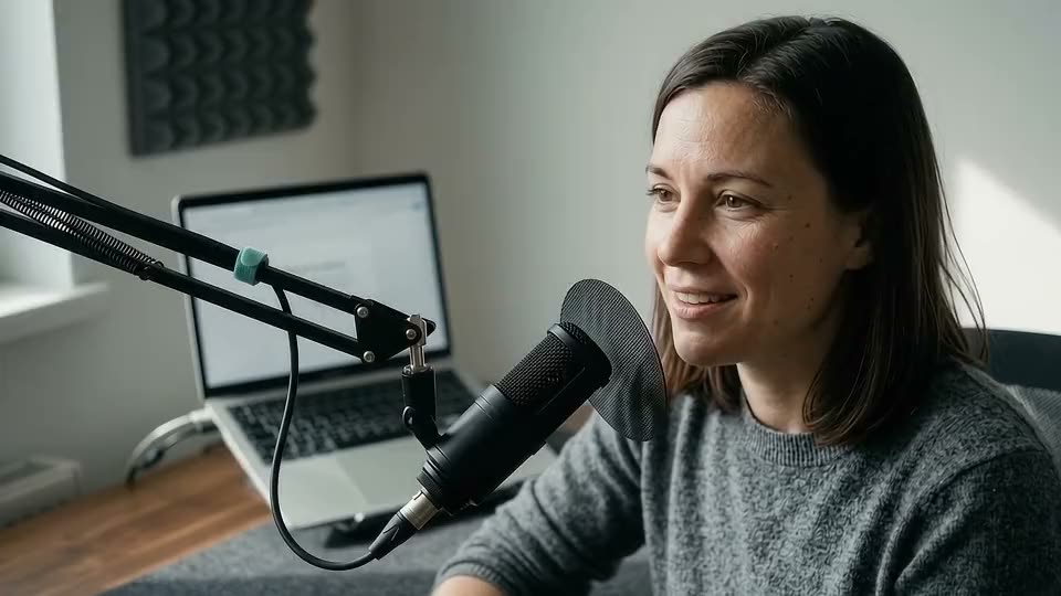 Speaker talking into a microphone